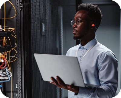 Server technician reviewing server performance