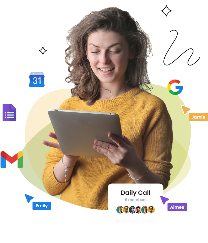 Una persona sentada con herramientas de Google como Gmail, Calendar o Forms.
