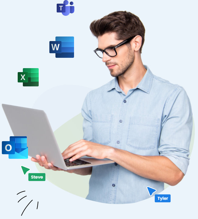 Hombre en una computadora portátil con iconos de MS Office flotando a su alrededor