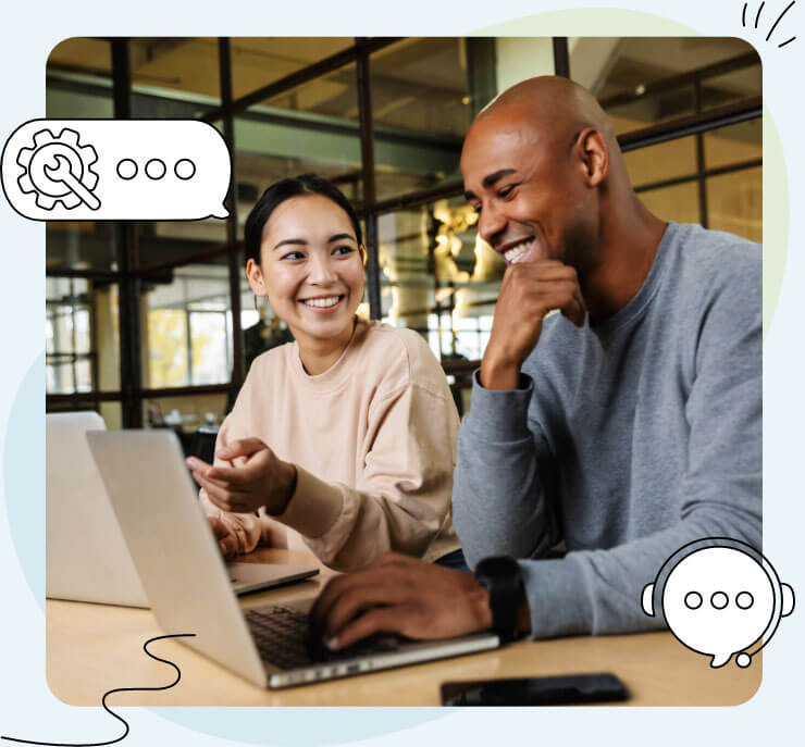 A man and a woman speaking with support.