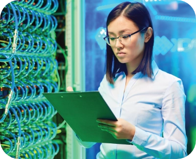 female server technician checking statuses on a tablet