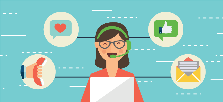 Customer support representative with different icons next to them