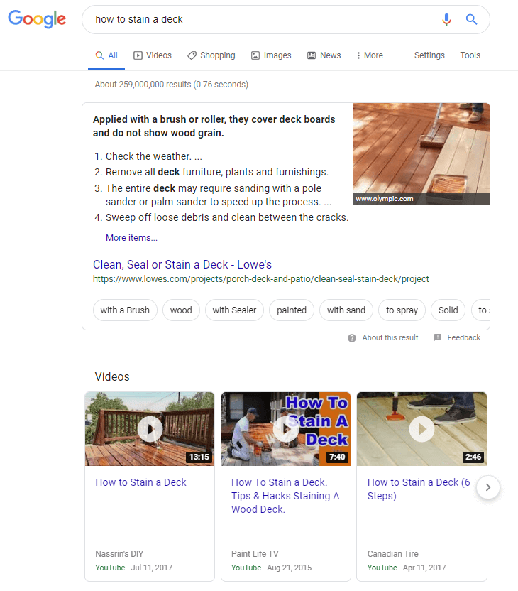 Google Search also shows videos and images