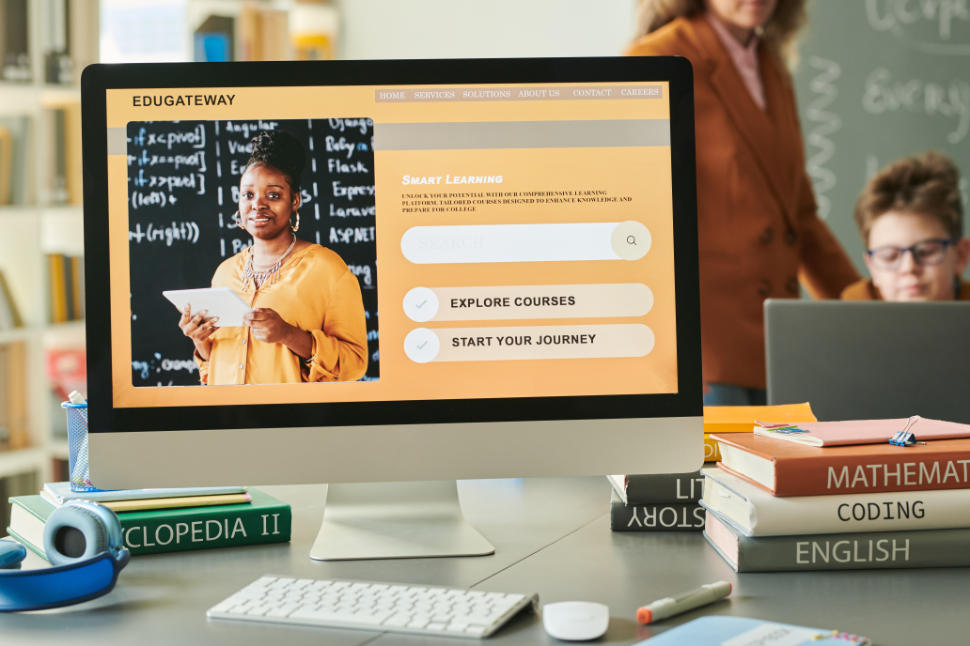 Background image of computer with smart learning online course on screen and picture of Black woman as teacher copy space