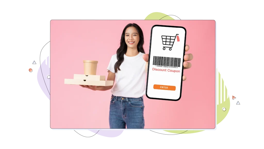 eCommerce girl holding a smartphone with a discount code.