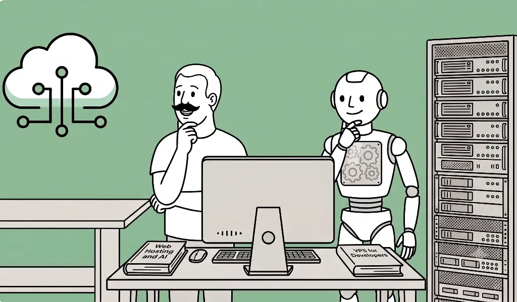 A man and his robot try to decide whether they want to buy web hosting or vps hosting.