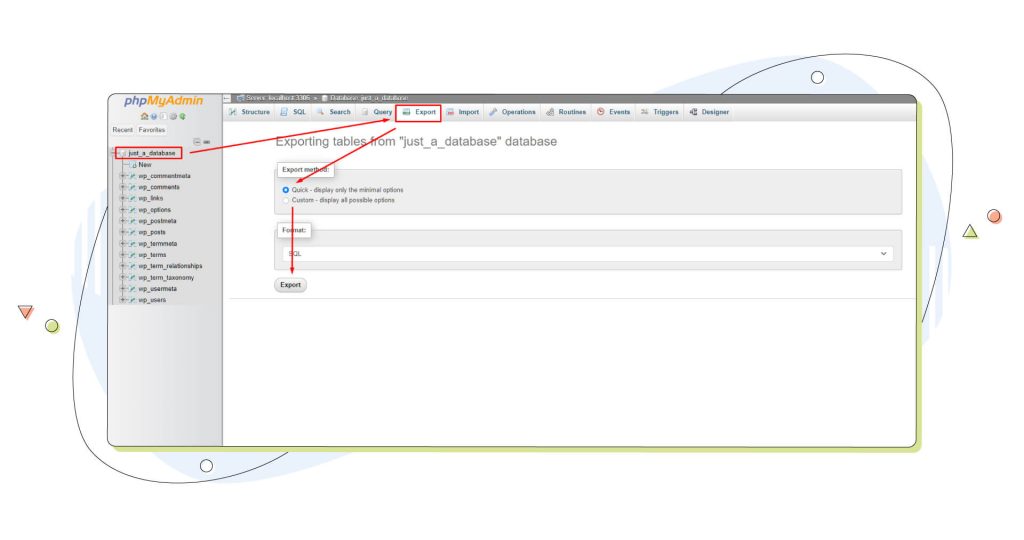 phpMyAdmin export interface 