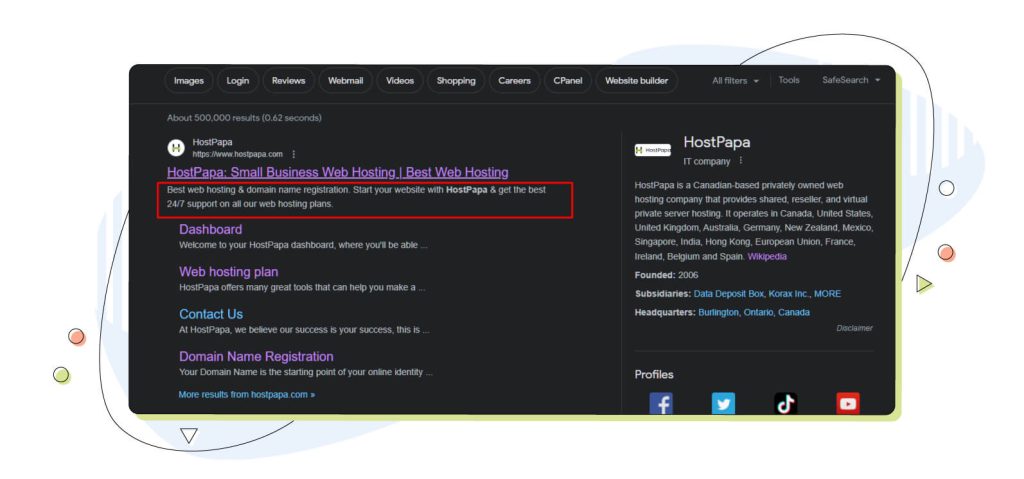 HostPapa on Google’s search result page