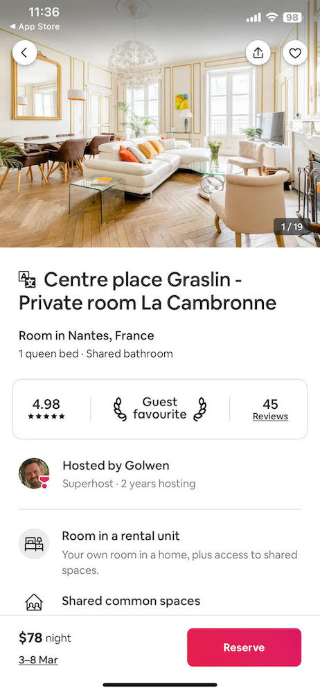 Airbnb property listing on a mobile view