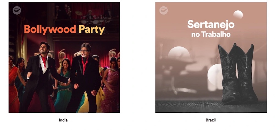 Screenshot of Spotify showing a Bollywood Party and a Sertanejo no Trabalho playlist.