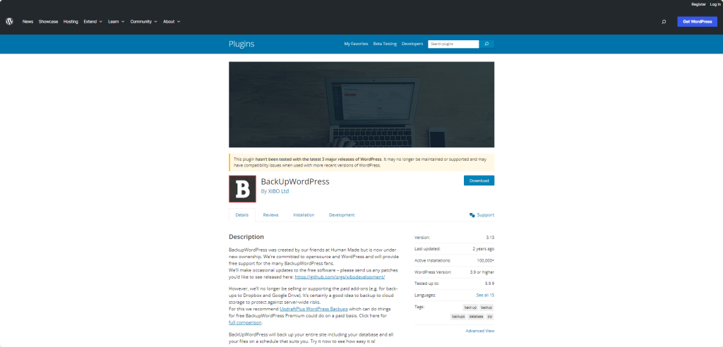 BackUpWordPress plugin page