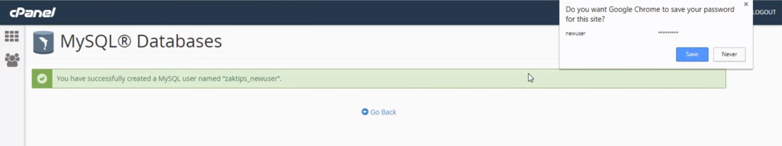 cPanel’s new MySQL database user successfully created.