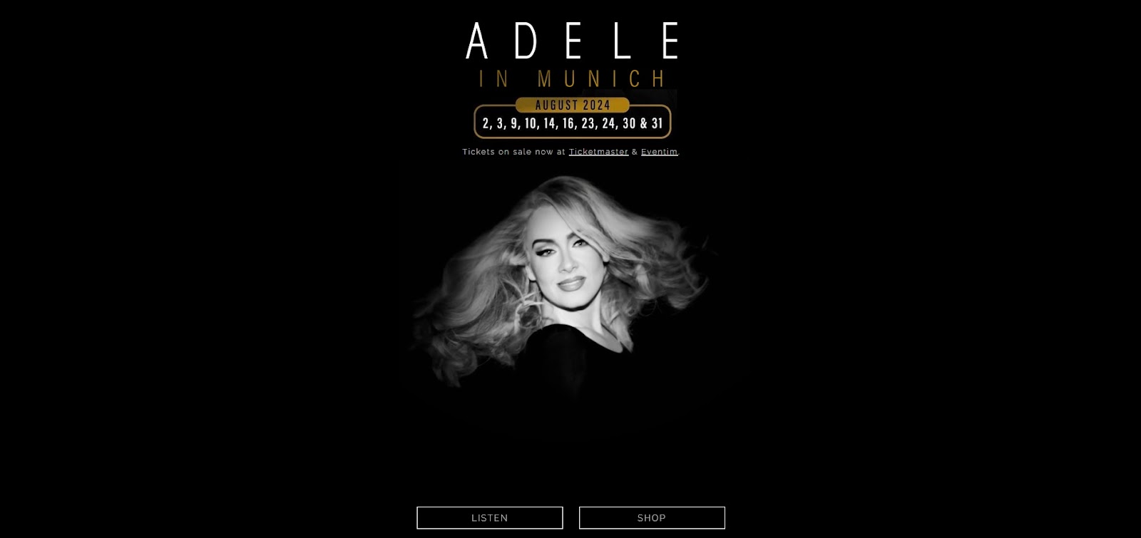 A screenshot of Adele’s website homepage.