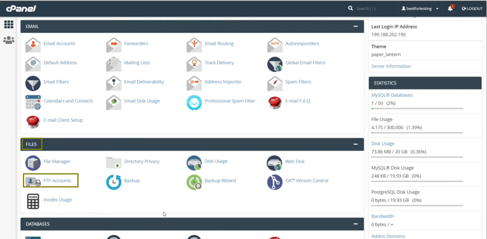 cPanel’s files-ftp accounts section.
