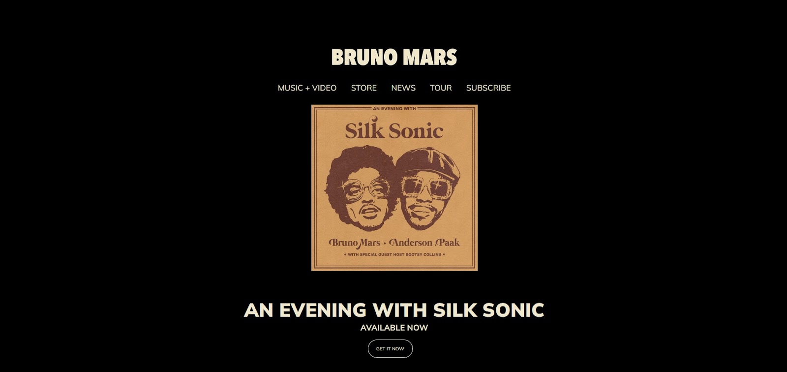 A screenshot of Bruno Mars’ website homepage.