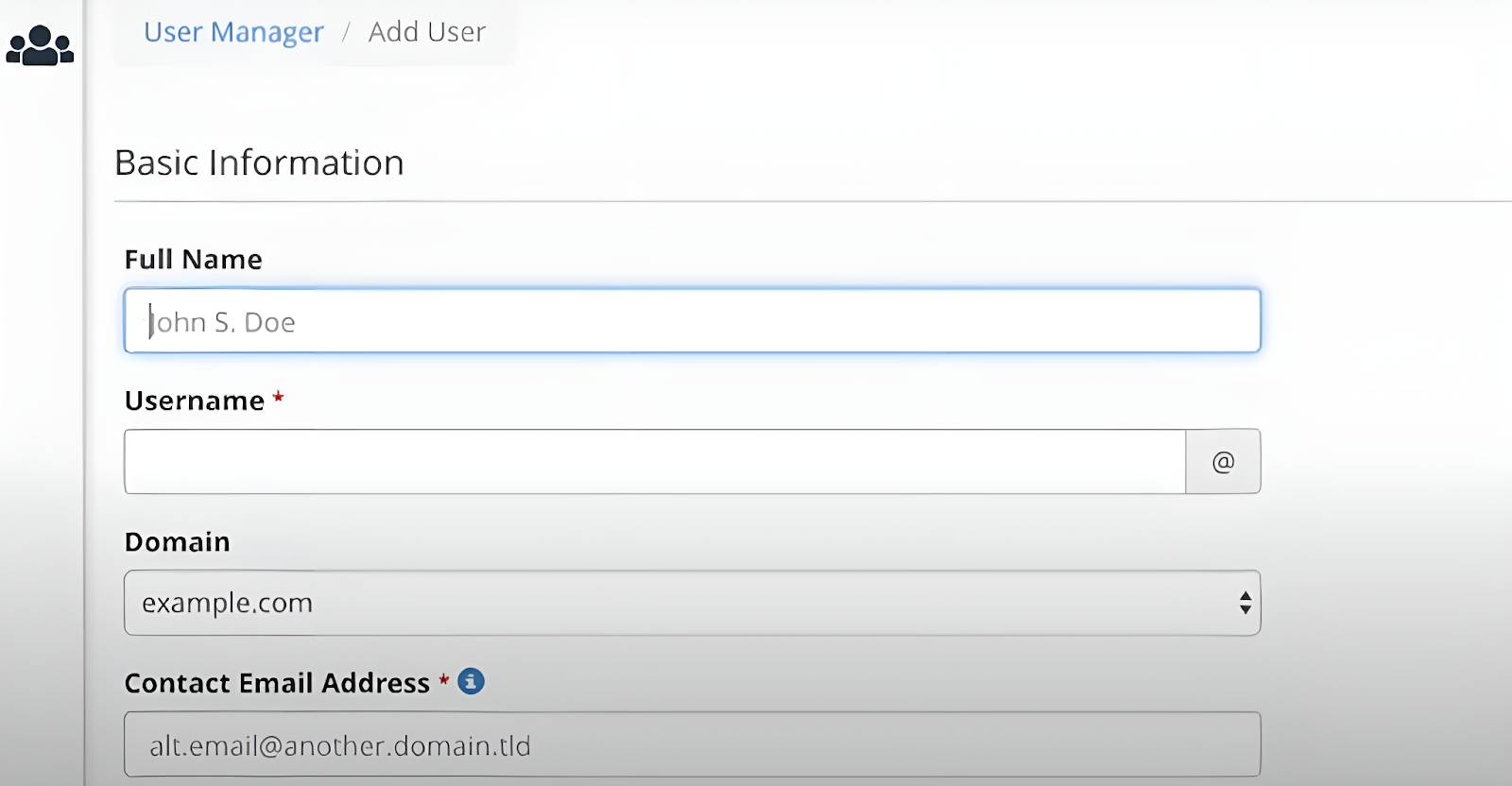 a screenshot showing the form to fill in the new user's details in cpanel's user manager