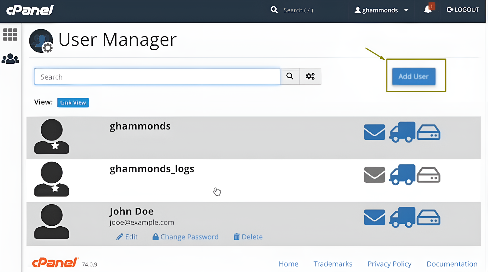 a screenshot of cpanel's user manager interface
