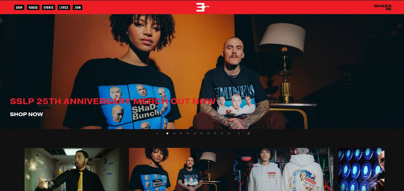 A screenshot of Eminem’s website homepage.
