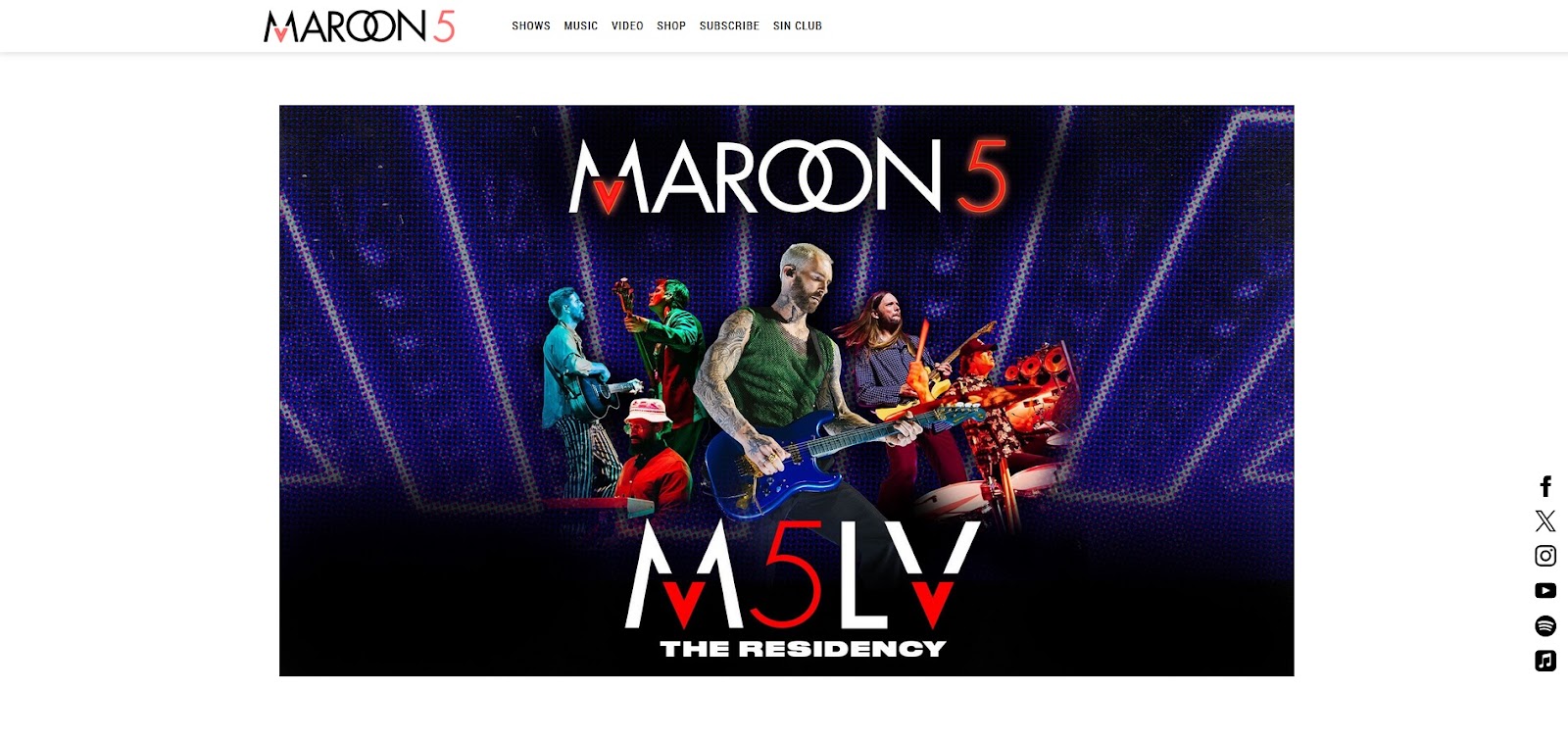 A screenshot of Maroon 5’s website homepage.