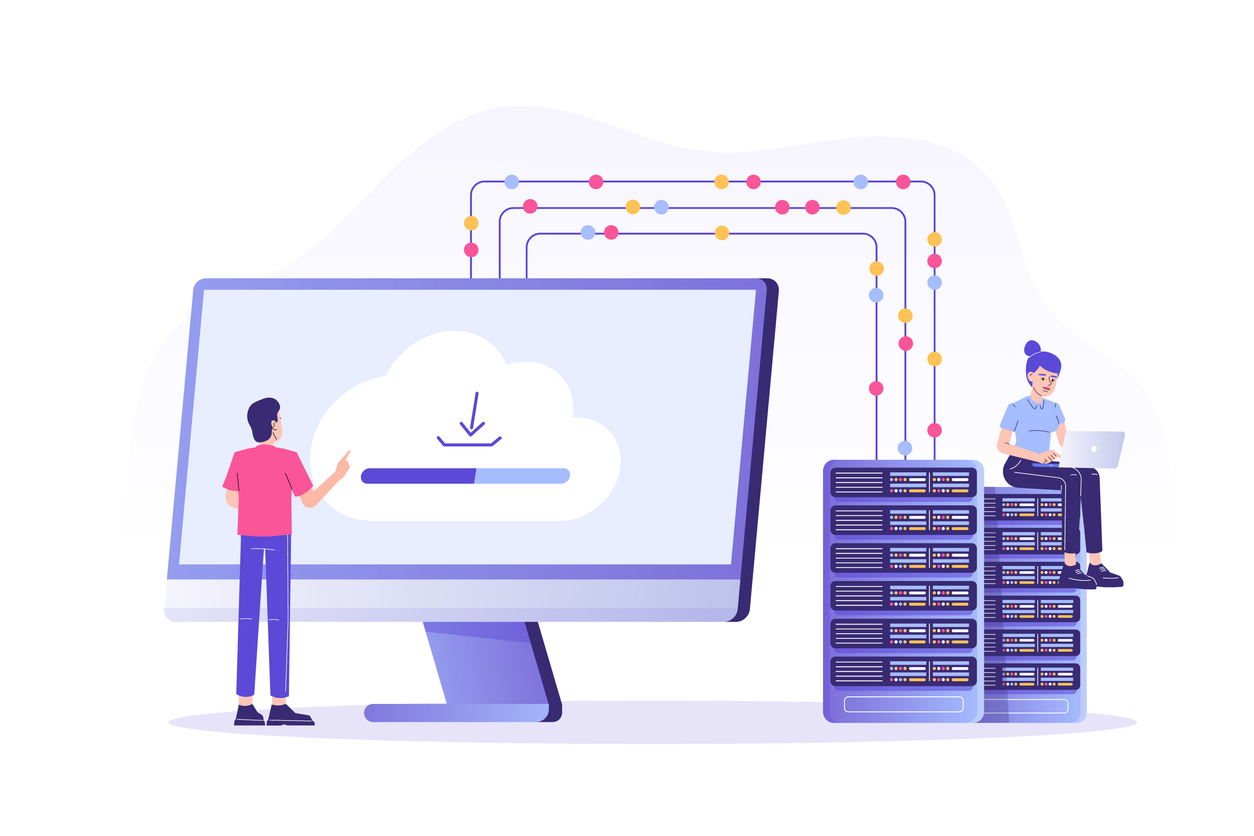 llustration of a man in front of a monitor with a cloud download icon and another person on a stack of servers, both representing web hosting.