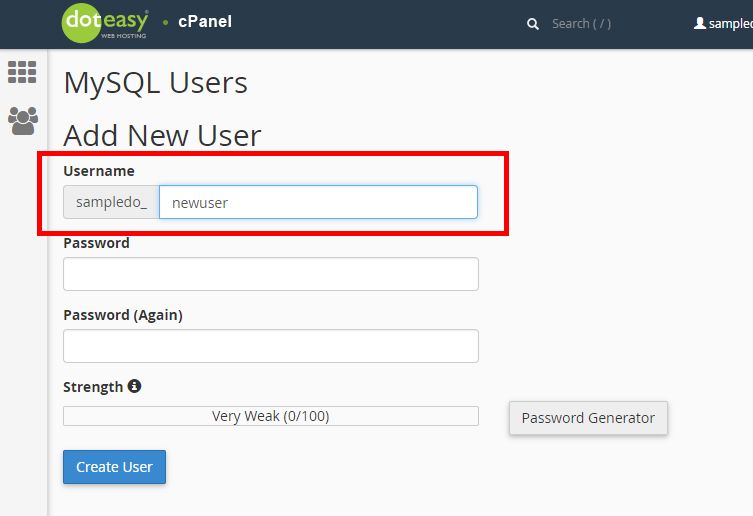 adding a new user to mysql users' list on cpanel