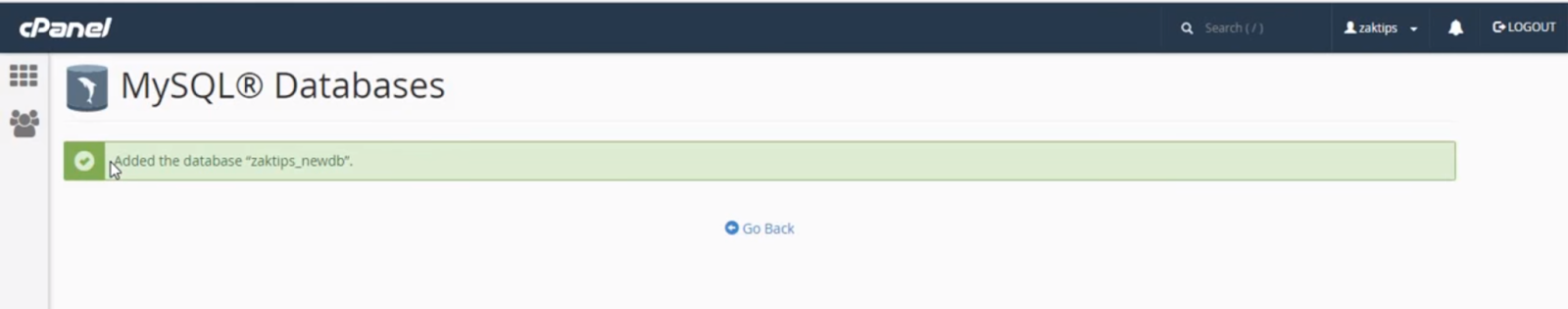 cPanel’s new database successfully added page.
