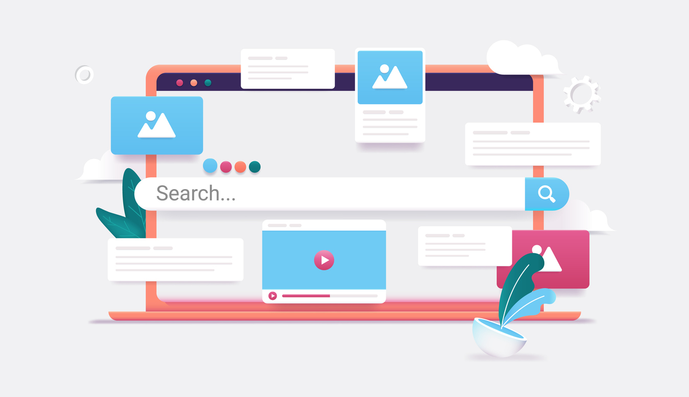 Stylized illustration of a web browser interface with search bar, video player, and image gallery icons, representing elements of a modern, user-friendly website design.