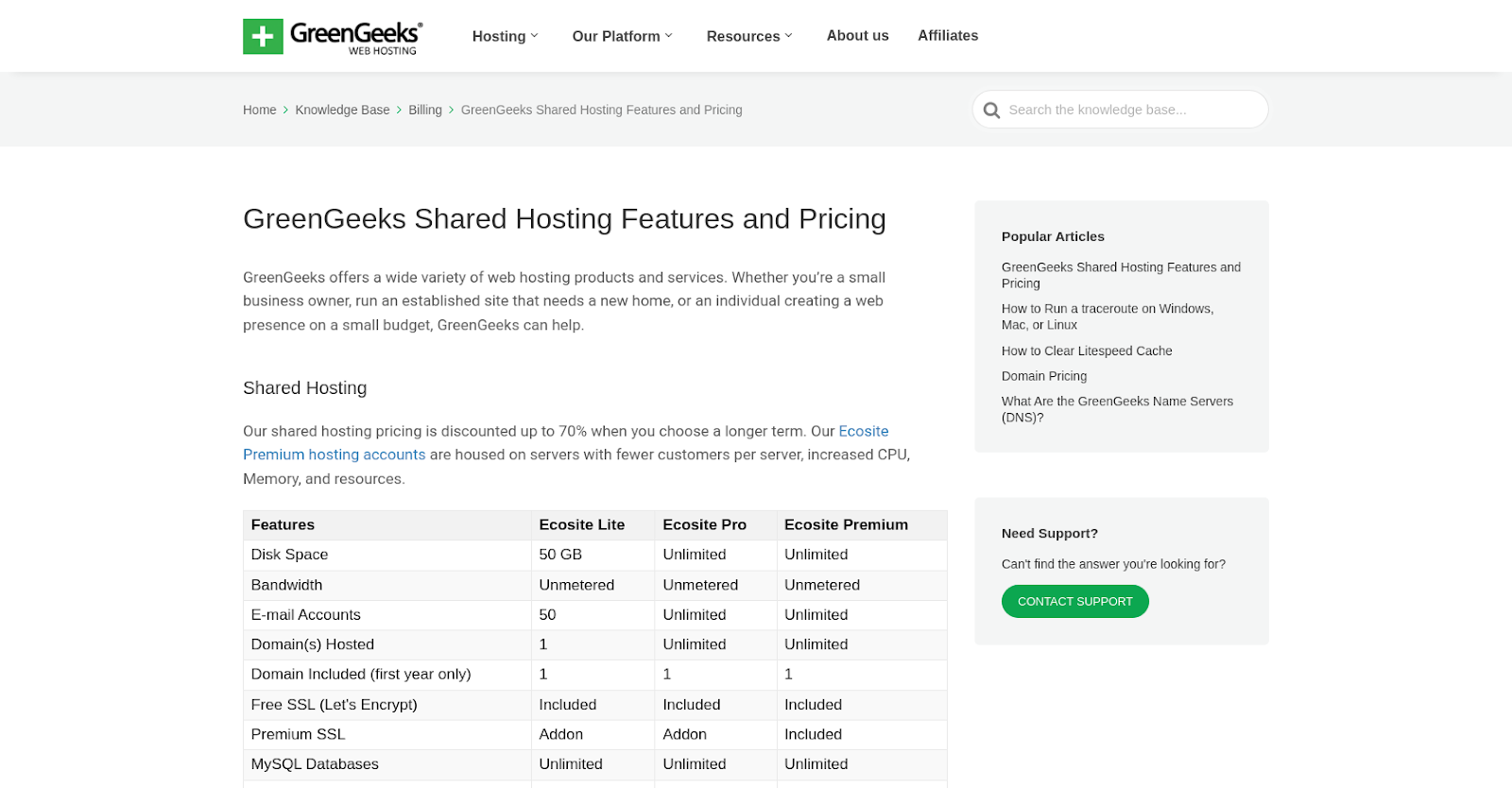 GreenGeeks shared hosting pricing