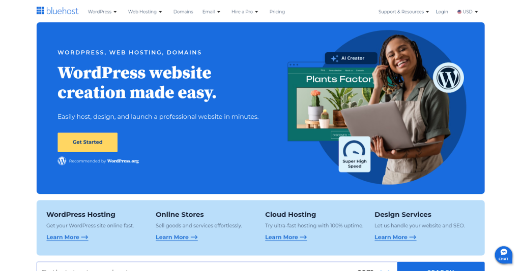 Bluehost homepage