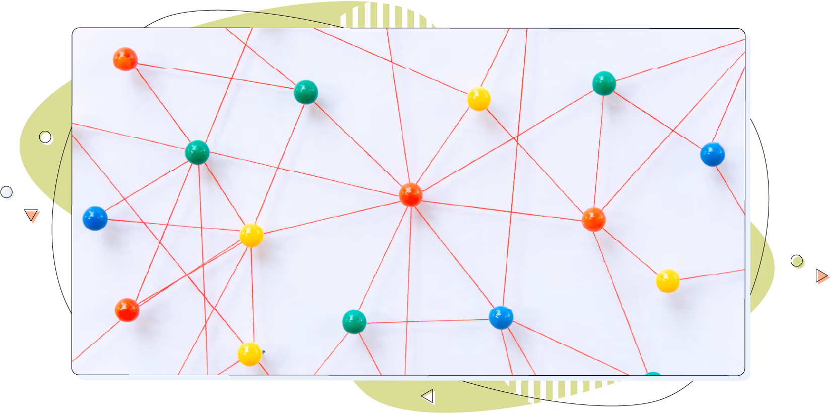 Connection between the two networks. Network simulation on paper linked together by thread.