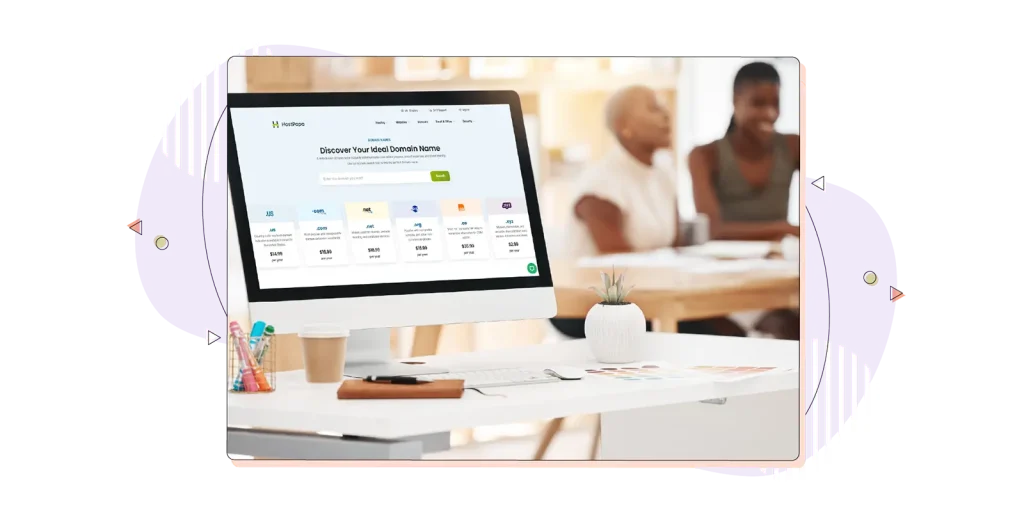 Graphic design on a desktop computer showing Hostpapa's domain page.