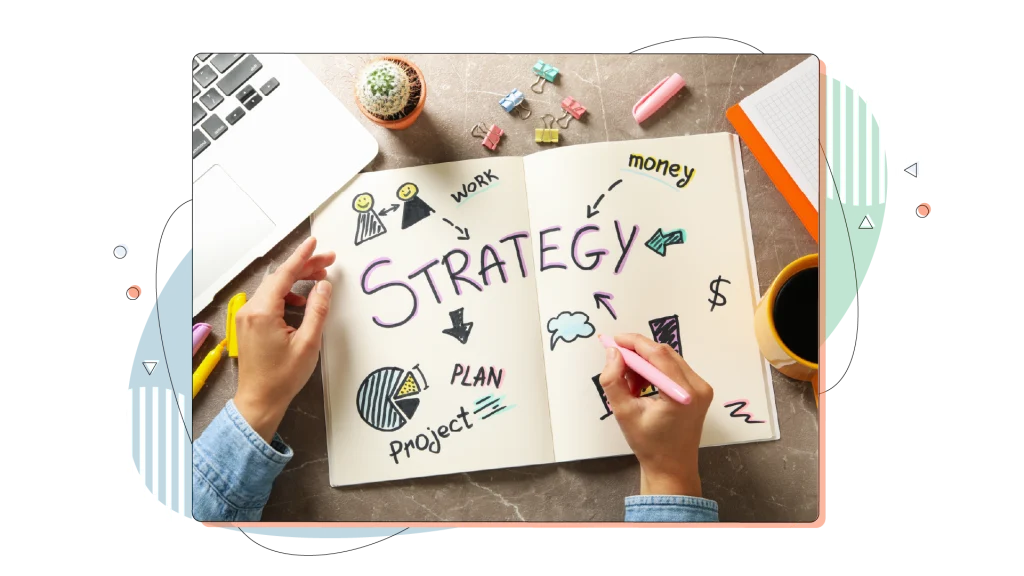 Concept of business strategy on gray table, top view,