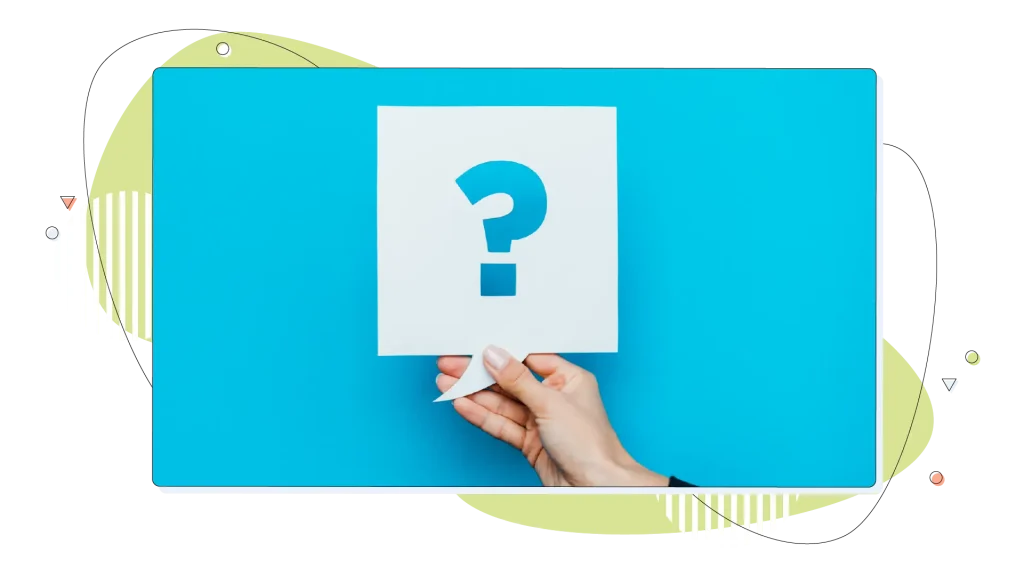 Cropped view of woman holding speech bubble with question mark on blue.