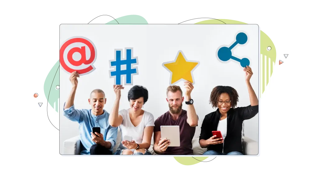 People holding an social media icon.