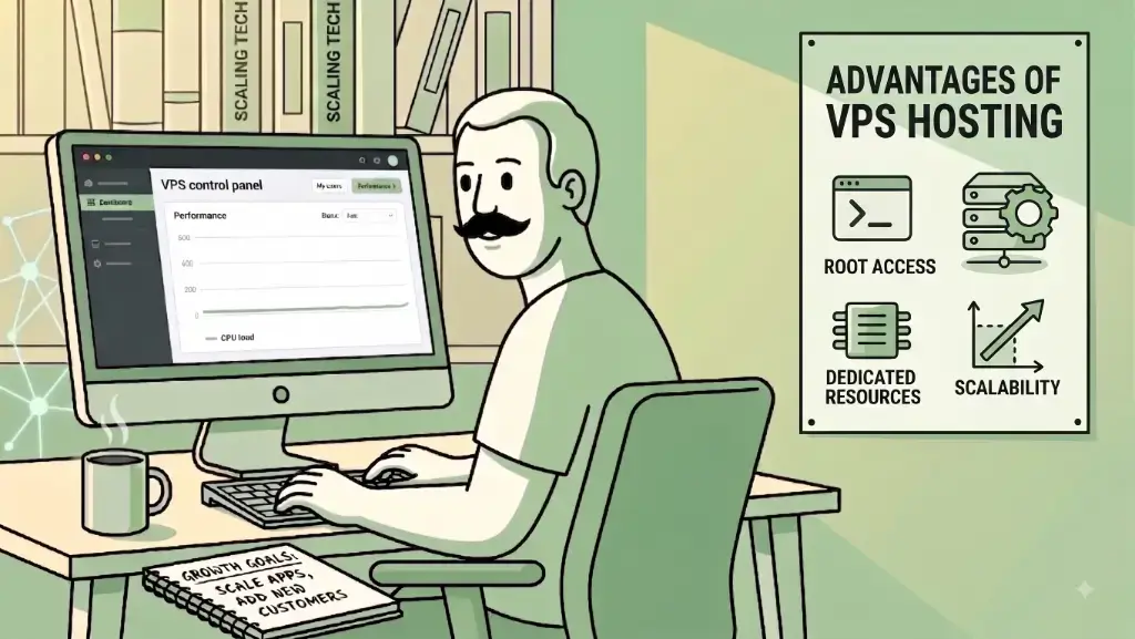 A man works on his desktop computer using his VPS control panel while exploring VPS web hosting.