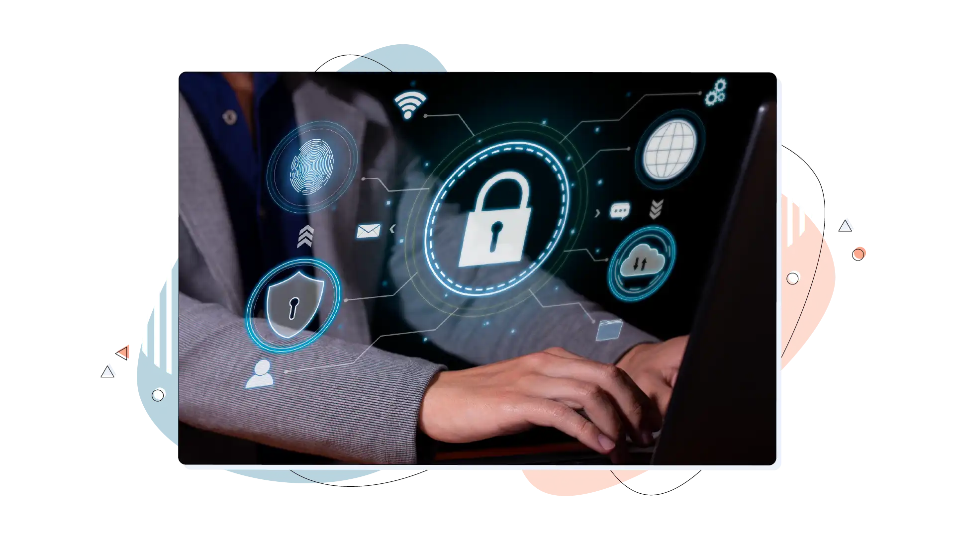 WordPress security, with a padlock appearing on a floating screen.