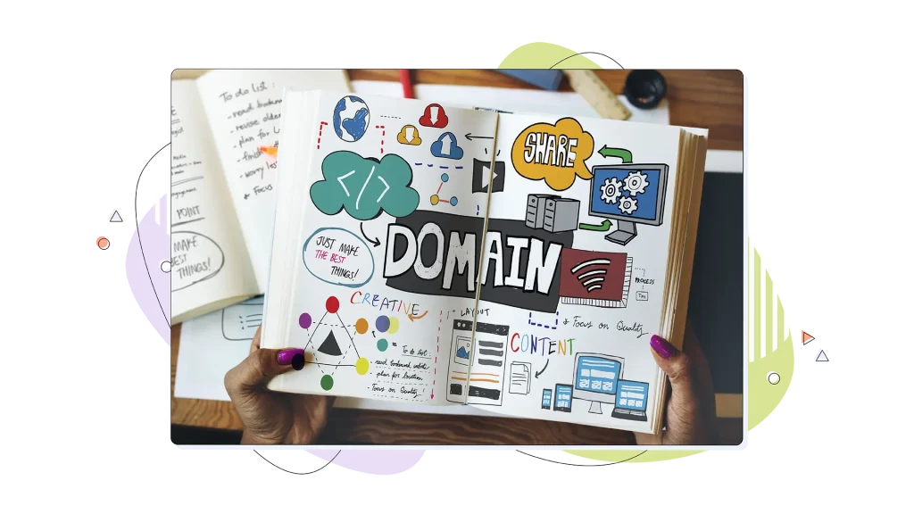 Notebook with a collage showing you how to purchase a domain name and secure it.