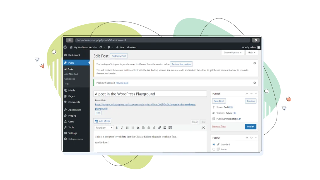 The WordPress editor running the Classic Editor plugin which is installed inside Playground.