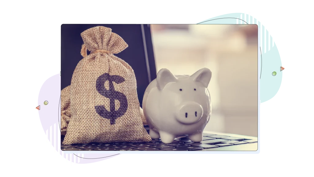 A piggybank with a pouch full of money next to it.