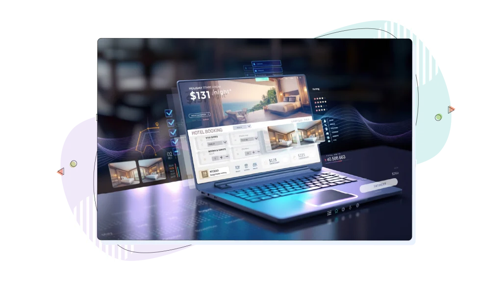 Laptop screen with an overlay of different screens projected on top of it, regarding SEO and services.