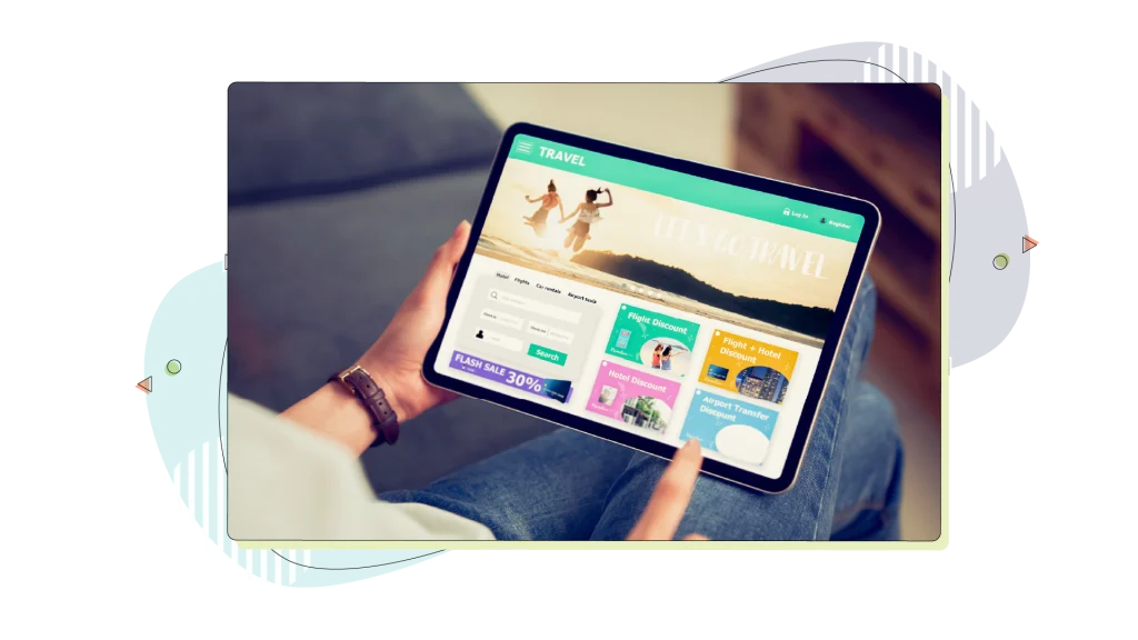 Person holding a tablet device and looking for travelling offers online.