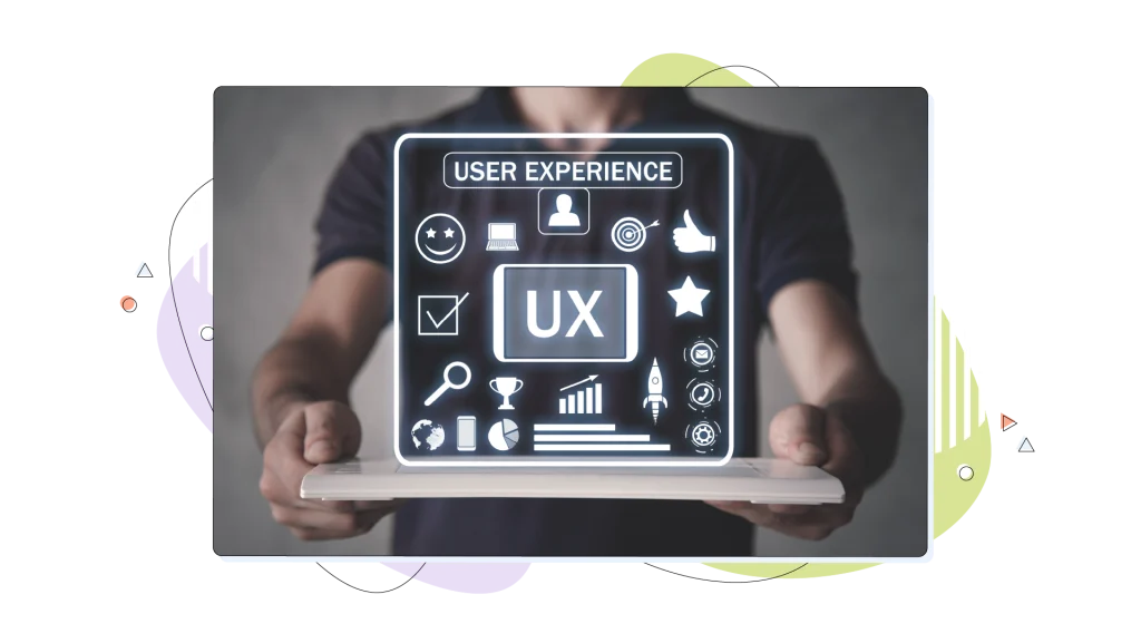 UX written on a invisible screen while man holds a tablet.