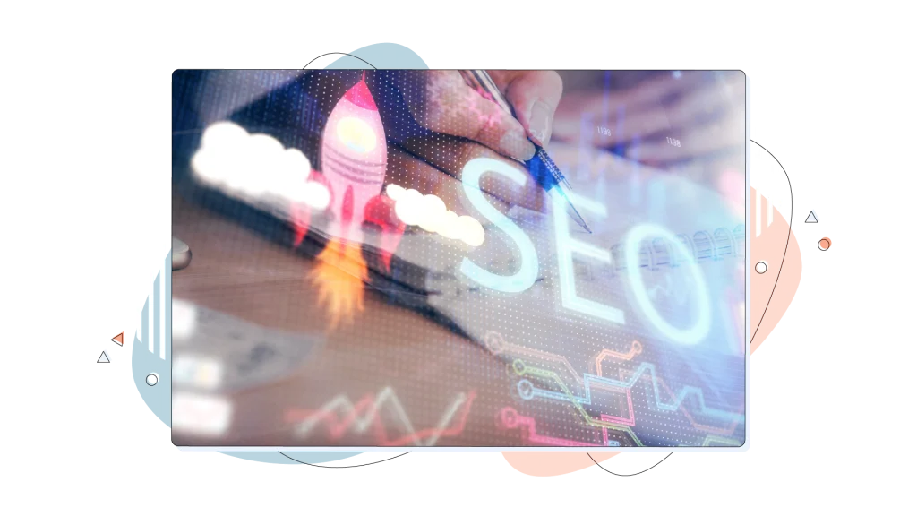 SEO wording with the spaceship icon next to it and a few clouds.