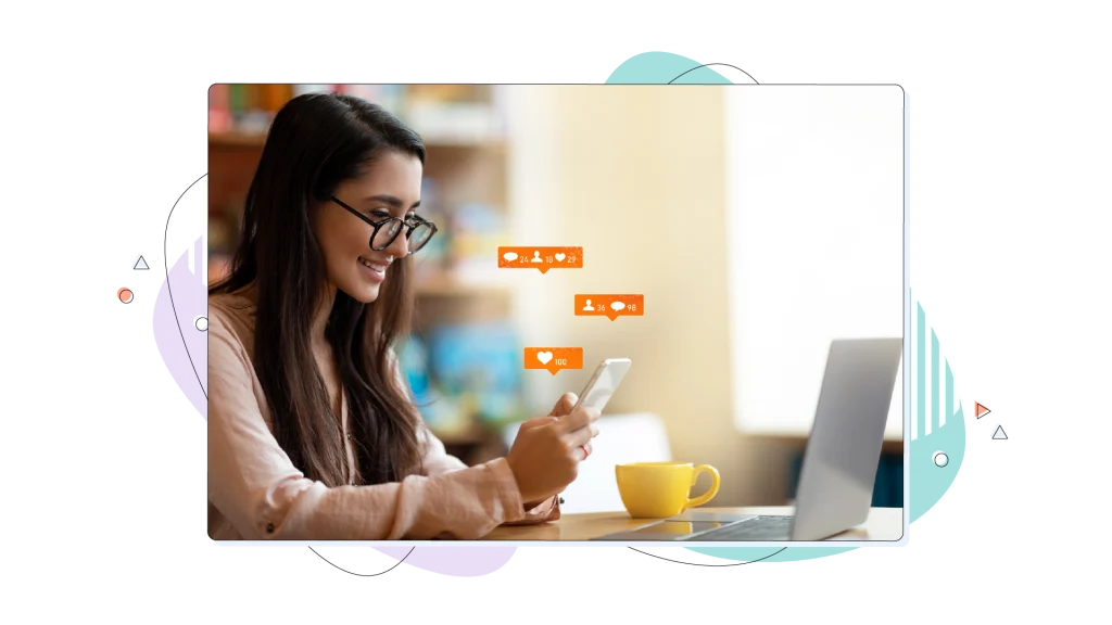 Woman receiving email and friend requests on social media, and she smiles while looking at her phone.