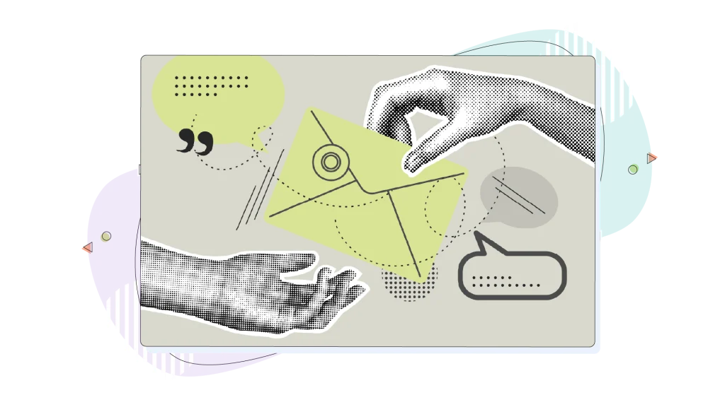 A hand gives a mail envelope to another hand.