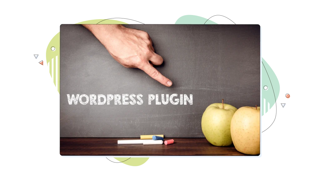 WordPress plugin written on a chalk board with a table and two apples on it.