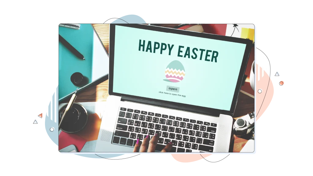 Happy Easter phrase written on a laptop screen.