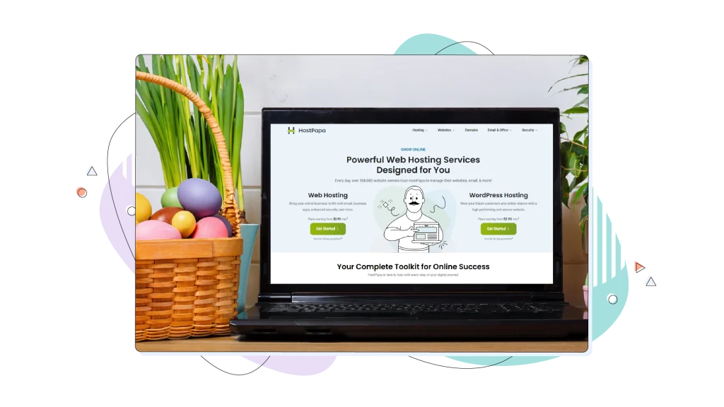 HostPapa website displayed on a laptop screen with an Easter basket right on the side.