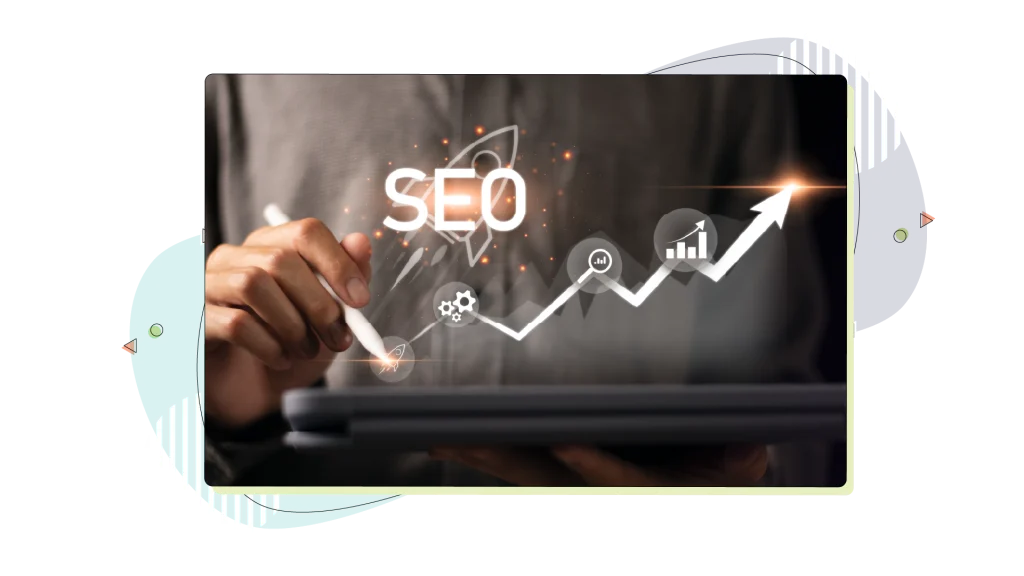Man holds a pen while an overlay reads SEO with icons and an arrow going up.