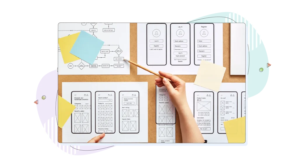 Application or website mockups on a piece of paper that look like menus on a phone screen.